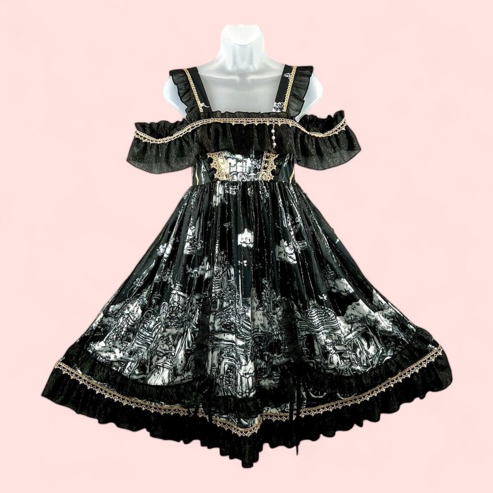 Gothic Lolita Dress With Off-Shoulder Frills Black & White Print Gold Trim Med